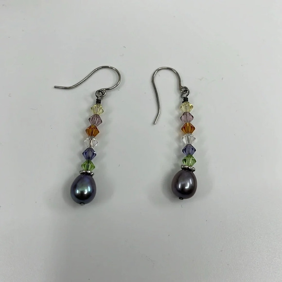 Multi-stone Swarovski Crystals and Silver Pearl 925 Drop Earrings - Picture 11 of 13